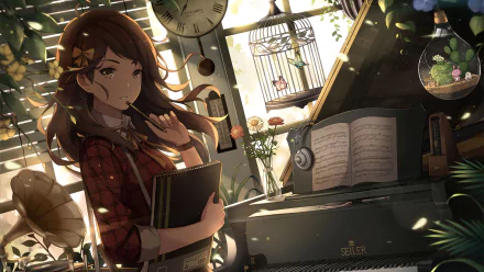 Anime-style HD wallpaper of a brunette with brown eyes holding a pencil and book beside a piano. Butterflies, flowers, and a birdcage are in the background, creating a serene, creative atmosphere.