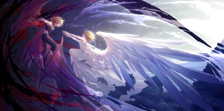 4K Ultra HD anime wallpaper featuring Rin Kagamine as an angel with glowing white wings and Len Kagamine as a demon with dark wings, set against a dramatic sky backdrop.