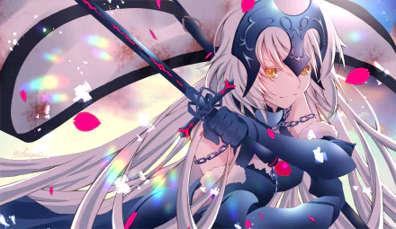 HD desktop wallpaper featuring Jeanne d'Arc Alter from Fate/Grand Order, depicted in detailed anime art style with long white hair, armor, and a sword, against a vibrant background with colorful petals.