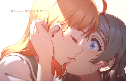 HD anime wallpaper featuring You Watanabe and Chika Takami from Love Live! Sunshine!! sharing an intimate moment.