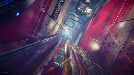 Prey (Video Game) 4K Ultra HD PC desktop wallpaper: tilted sci‑fi elevator shaft with red panels, streaking energy beams and sparks converging on a bright distant light.