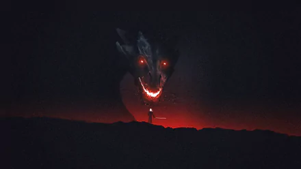 HD desktop wallpaper featuring a menacing dragon with glowing red eyes and a bright grin in a dark, atmospheric scene from the TV show Game of Thrones.