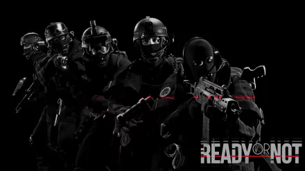 HD wallpaper featuring an armed tactical squad with the text Ready or Not against a black background.