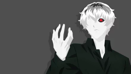 HD desktop wallpaper of Haise Sasaki (Ken Kaneki) from Tokyo Ghoul:re. The minimalist image features a character with two-toned grey and white hair, red eyes, and an outstretched hand against a dark background.