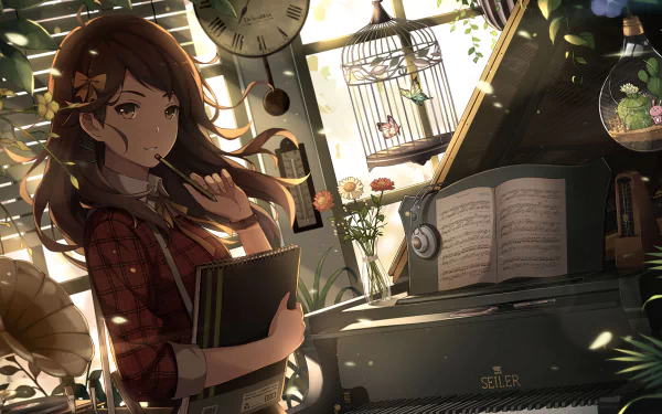 Anime-style HD wallpaper of a brunette with brown eyes holding a pencil and book beside a piano. Butterflies, flowers, and a birdcage are in the background, creating a serene, creative atmosphere.