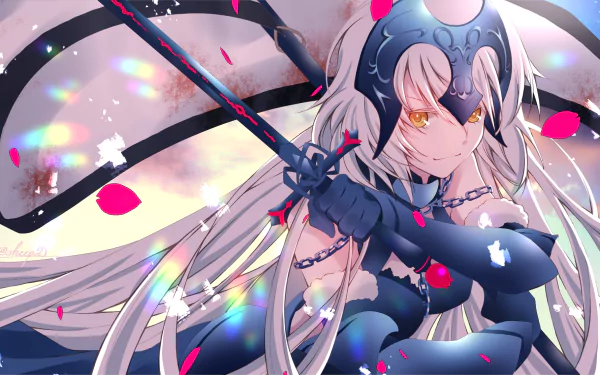 HD desktop wallpaper featuring Jeanne d'Arc Alter from Fate/Grand Order, depicted in detailed anime art style with long white hair, armor, and a sword, against a vibrant background with colorful petals.