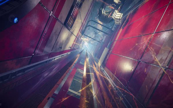 Prey (Video Game) 4K Ultra HD PC desktop wallpaper: tilted sci‑fi elevator shaft with red panels, streaking energy beams and sparks converging on a bright distant light.