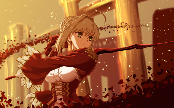 HD anime desktop wallpaper featuring Nero Claudius from Fate/Extra in dynamic pose wielding a red sword, with warm golden tones and falling embers.