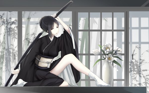 Anime Original Short Hair Black Hair Sword Kimono Black Eyes Flower HD Wallpaper | Background Image