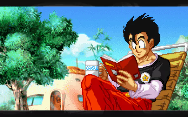 Gohan from Dragon Ball Z reading a book outdoors with trees and buildings in the background, displayed as a 4K Ultra HD anime PC desktop wallpaper.