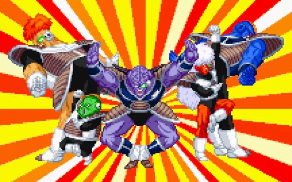 A vibrant Dragon Ball Z anime wallpaper in 4K Ultra HD, featuring five distinctive characters against a dynamic red and yellow burst background for PC desktops.