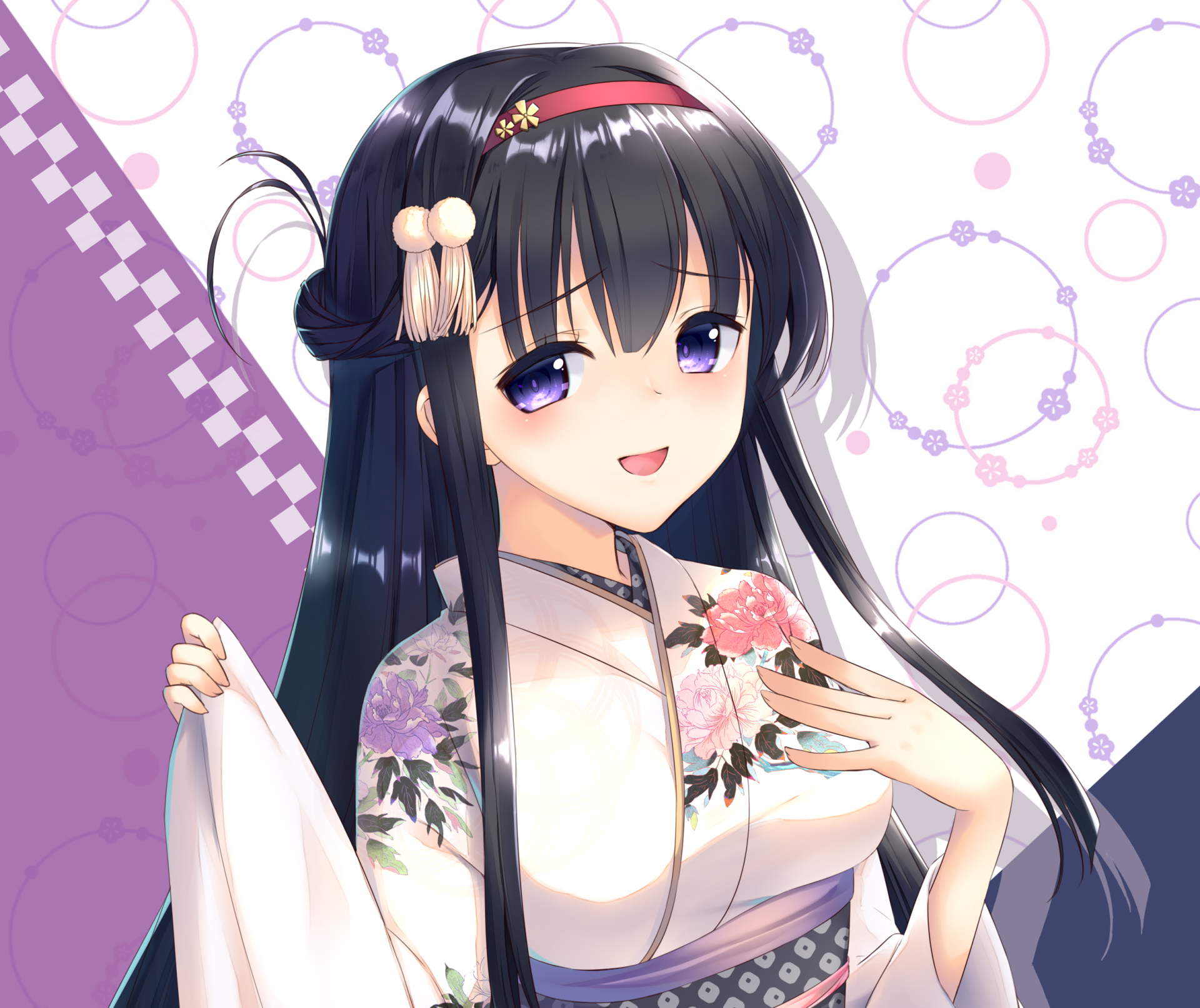 Download Blue Eyes Headband Flower Black Hair Long Hair Smile Kimono Anime Original HD Wallpaper by 宮下マカ
