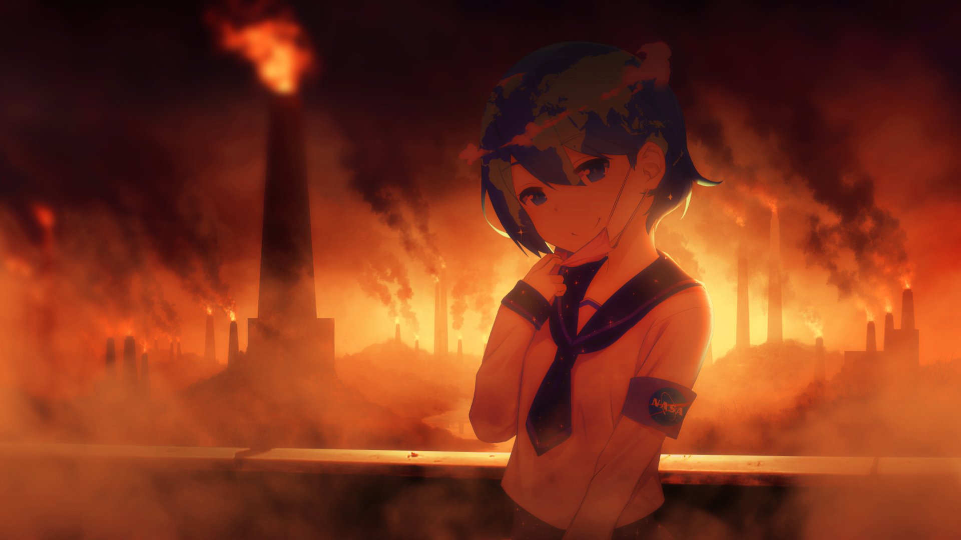 Anime Earth-chan 2K Quad HD PC desktop wallpaper/background: Earth-chan with teal hair and school uniform stands before a burning industrial skyline, smokestacks and orange flames filling the sky.