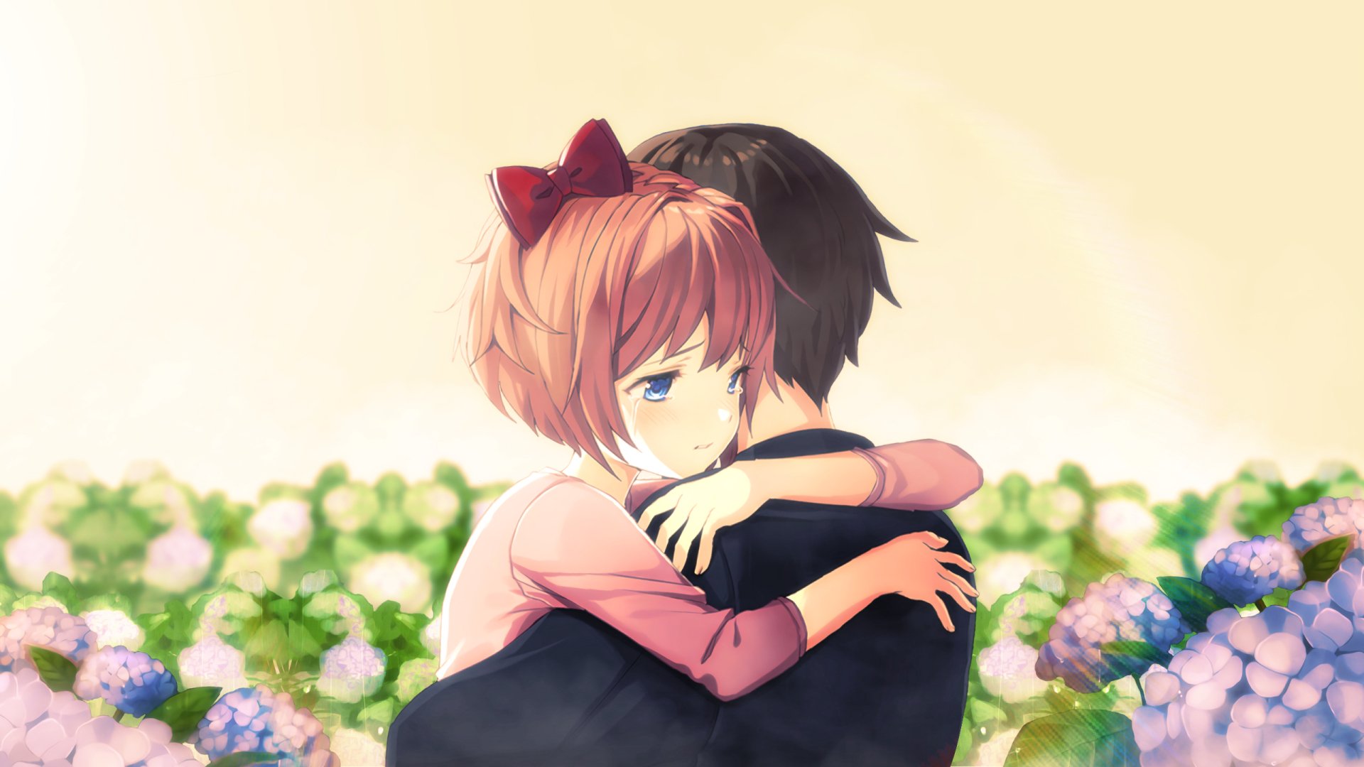 HD PC desktop wallpaper featuring Sayori from the video game Doki Doki Literature Club! hugging a dark-haired character amid a field of blooming flowers.