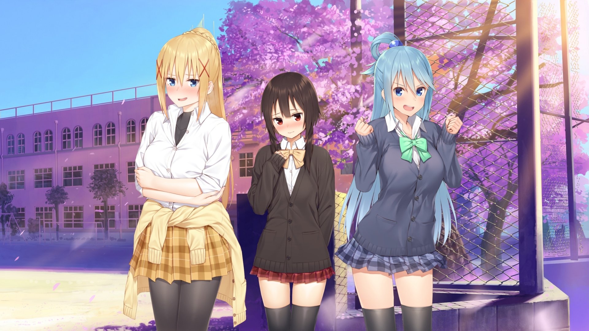 HD desktop wallpaper featuring Aqua, Megumin, and Darkness from the anime KonoSuba: God’s Blessing on this Wonderful World!!, standing together against a backdrop with blooming trees and a school building.