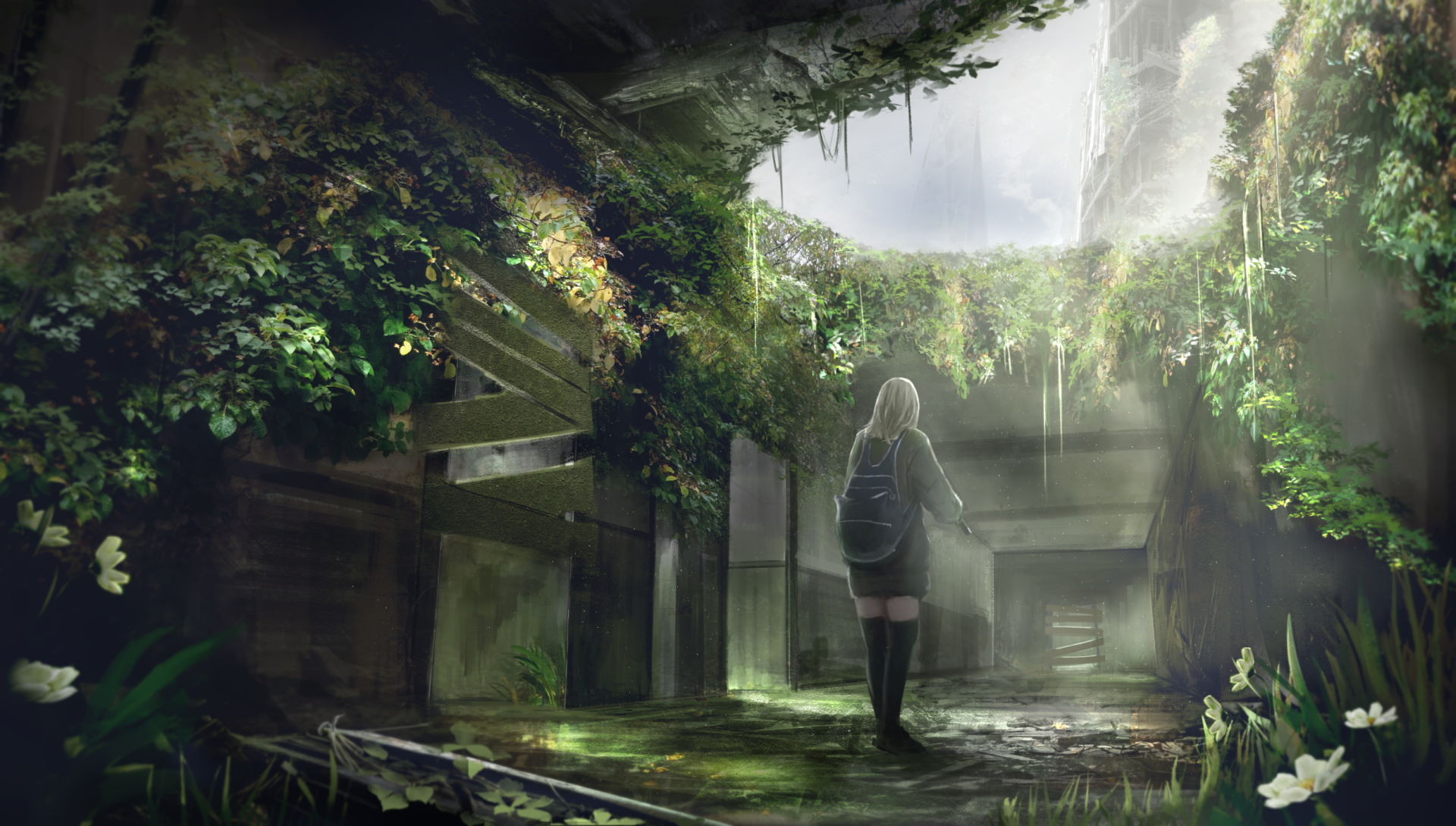 HD anime original desktop wallpaper showing a solitary figure with a backpack standing in a lush, overgrown, abandoned urban setting bathed in soft natural light.