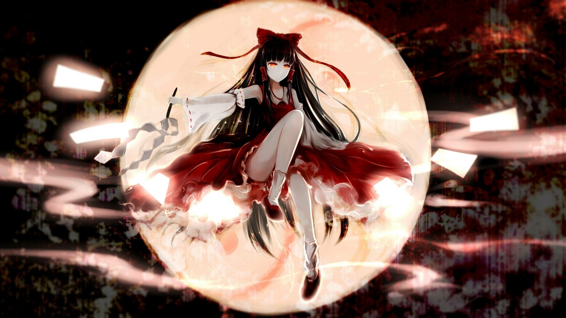 Reimu Hakurei from Touhou is depicted in vibrant anime style against a glowing full moon, featured as a detailed 4K Ultra HD PC desktop wallpaper background.