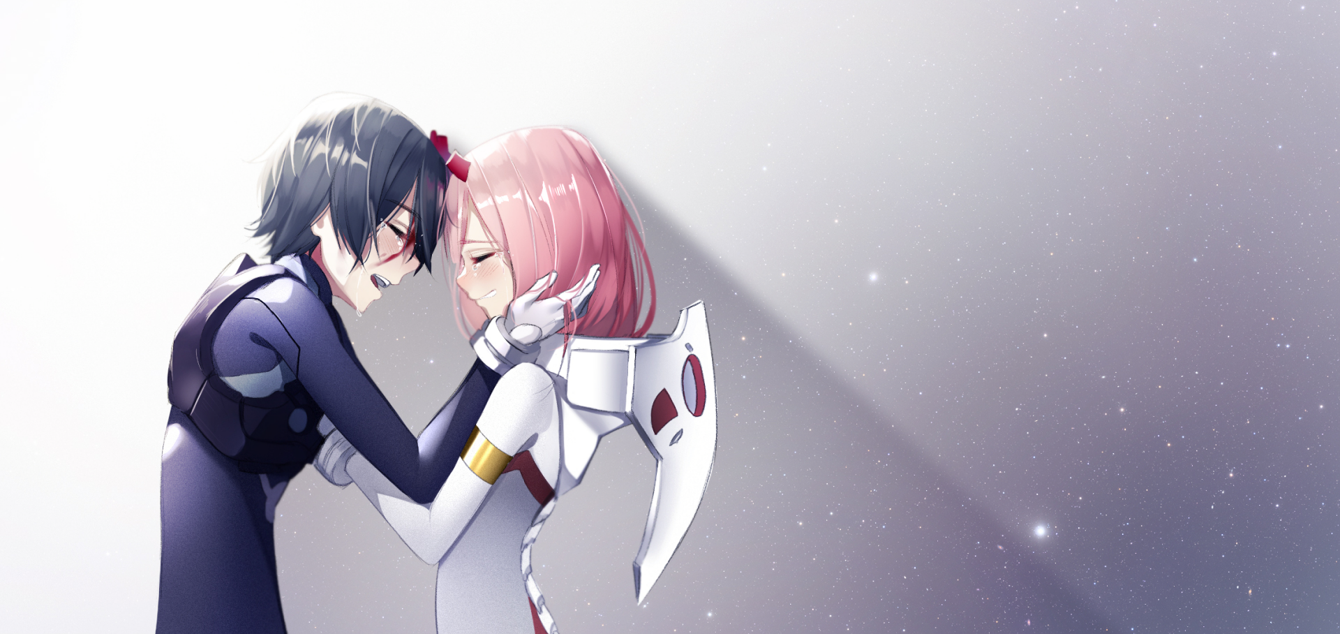 Zero Two and Hiro from Darling in the FranXX embracing against a starry background. This HD desktop wallpaper captures an emotional moment between the anime characters.
