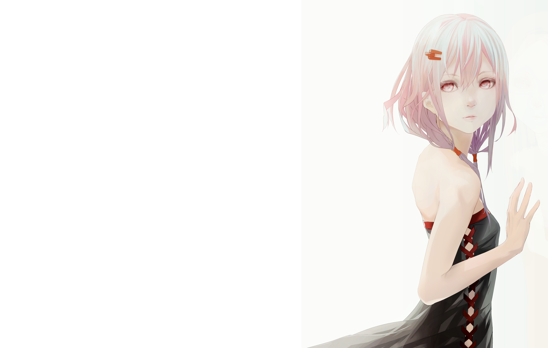 Inori Yuzuriha (Guilty Crown) portrait with pale pink hair and black dress against wide white negative space — minimalist 5K Ultra HD anime PC desktop wallpaper.