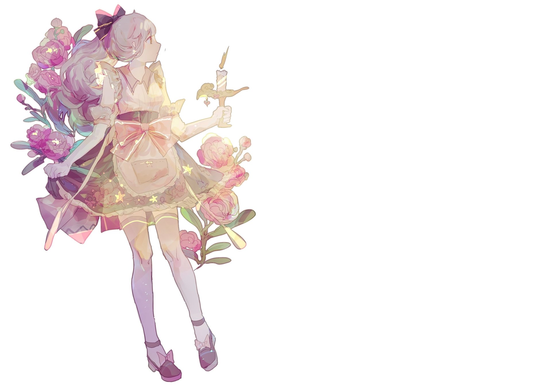 Download Flower Apron Bow (Clothing) Candle Ponytail Long Hair Anime Original HD Wallpaper by Saclia