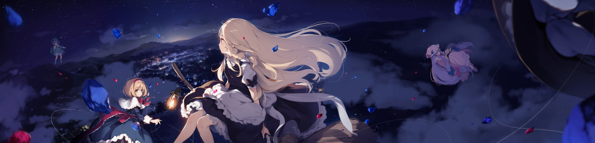 HD PC wallpaper featuring Touhou anime characters Patchouli Knowledge, Marisa Kirisame, Nitori Kawashiro, and Alice Margatroid against a dark, starry background with floating butterflies.