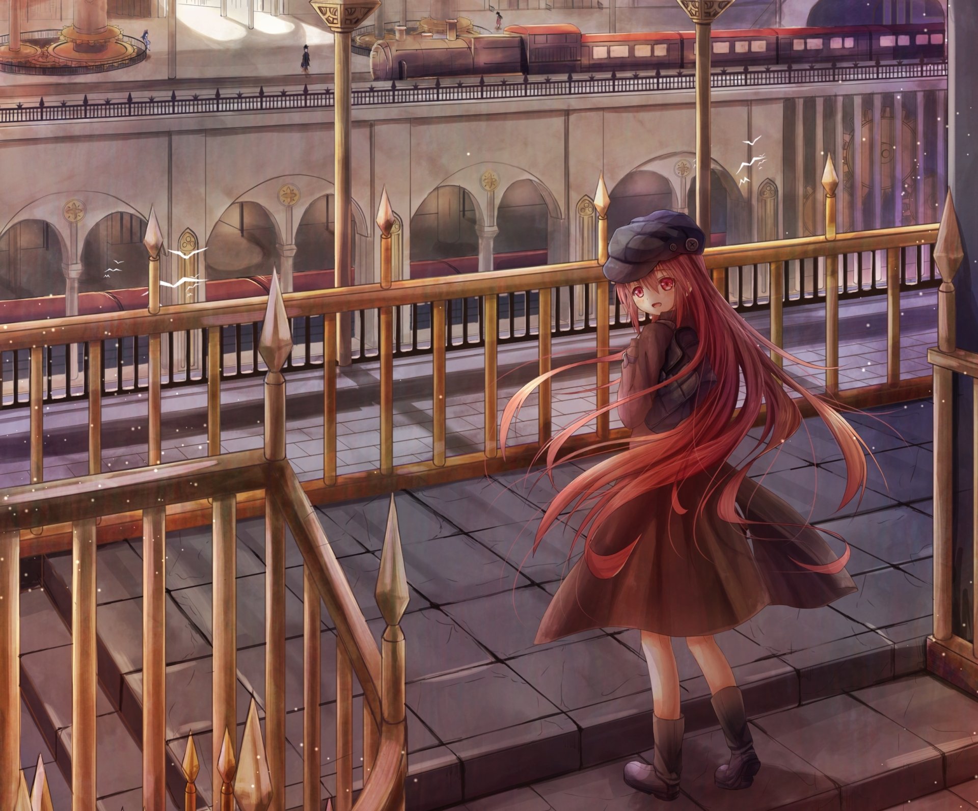 Download Bag Cap Red Eyes Smile Train Red Hair Long Hair Anime Original Anime Train HD Wallpaper by ウタタネ