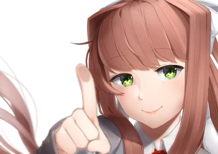 HD PC desktop wallpaper featuring Monika from the video game Doki Doki Literature Club!, showing her with green eyes and a confident expression.