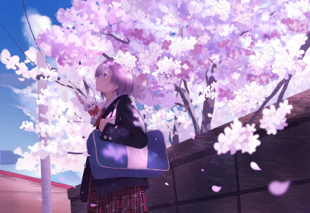 HD anime desktop wallpaper featuring Mashu Kyrielight from Fate/Grand Order standing under blooming cherry blossoms with Fou nearby.