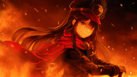 Fierce Oda Nobunaga (Fate/Grand Order) anime portrait with red uniform and flowing scarf amid embers, 2K Quad HD PC desktop wallpaper/background.