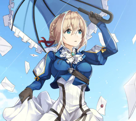 HD PC desktop wallpaper of Violet Evergarden (anime character) in her blue uniform, holding a parasol as letters drift around her against a bright sky.