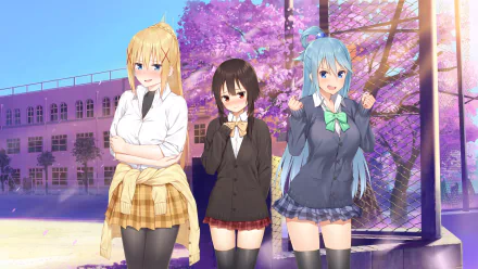 HD desktop wallpaper featuring Aqua, Megumin, and Darkness from the anime KonoSuba: God’s Blessing on this Wonderful World!!, standing together against a backdrop with blooming trees and a school building.