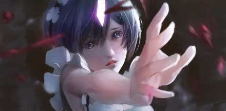 Close-up of Rem from Re:Zero reaching toward the viewer with soft lighting and floating petals; anime 4K Ultra HD PC desktop wallpaper/background, melancholic expression and outstretched hand.