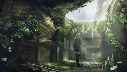 HD anime original desktop wallpaper showing a solitary figure with a backpack standing in a lush, overgrown, abandoned urban setting bathed in soft natural light.