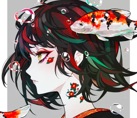 Anime girl with green, red, and black short hair, yellow eyes, floral tattoos, surrounded by bubbles and a koi fish, rendered in HD as a PC desktop wallpaper.