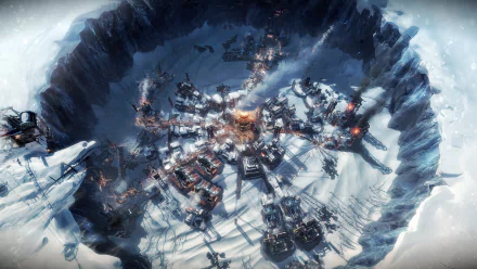 HD wallpaper depicting the snowy, dystopian cityscape from the game Frostpunk, encircled by icy cliffs.