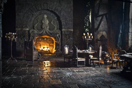 4K Ultra HD wallpaper of a dimly lit hall with a roaring fireplace, reflecting the medieval ambiance of Balon Greyjoy from Game of Thrones, featuring Patrick Malahide’s character.