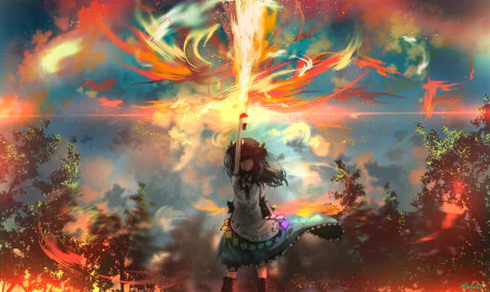 HD anime desktop wallpaper featuring Tenshi Hinanawi from Touhou, standing amidst a fiery, vibrant sky with dynamic, colorful flames and glowing effects.