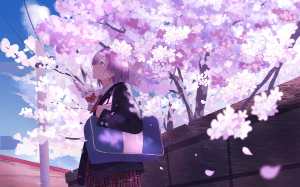 HD anime desktop wallpaper featuring Mashu Kyrielight from Fate/Grand Order standing under blooming cherry blossoms with Fou nearby.