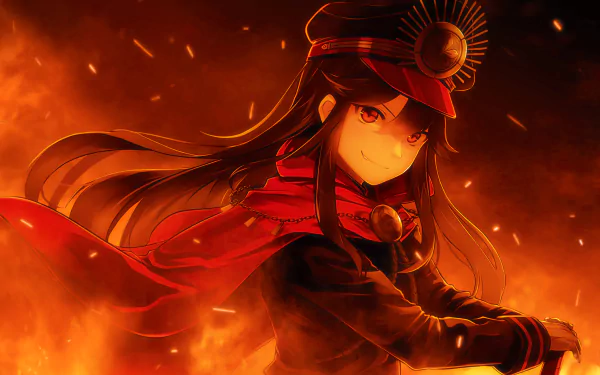 Fierce Oda Nobunaga (Fate/Grand Order) anime portrait with red uniform and flowing scarf amid embers, 2K Quad HD PC desktop wallpaper/background.
