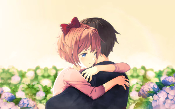HD PC desktop wallpaper featuring Sayori from the video game Doki Doki Literature Club! hugging a dark-haired character amid a field of blooming flowers.
