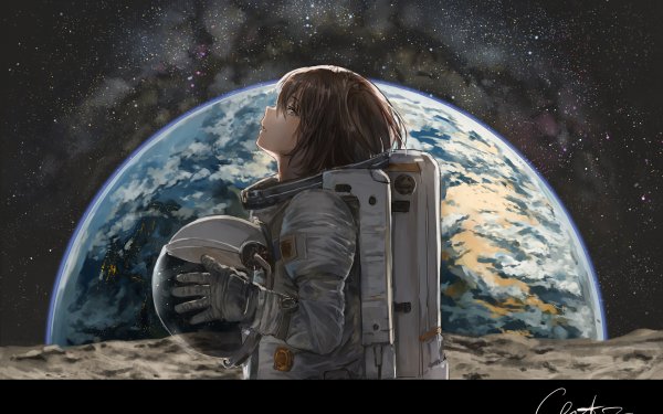 Anime Original Space Spacesuit Short Hair Brown Hair Earth White Eyes Cosmonaut Moon Grey Eyes Stars HD Wallpaper | Background Image