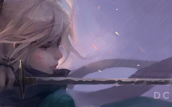 Sakura Saber from Fate/KOHA-ACE in a detailed anime-style 4K Ultra HD desktop wallpaper, featuring a close-up of Saber with a sword against a soft, atmospheric background.