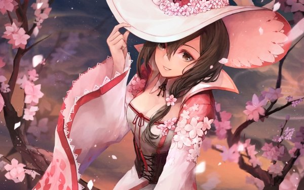 Anime Original Hat Witch Cherry Blossom Smile Brown Hair Short Hair Brown Eyes HD Wallpaper | Background Image