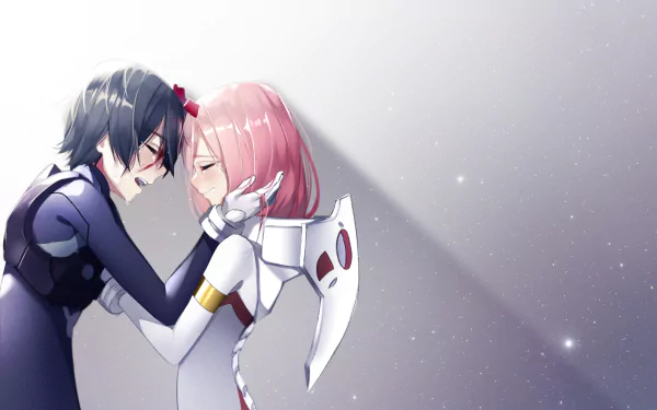Zero Two and Hiro from Darling in the FranXX embracing against a starry background. This HD desktop wallpaper captures an emotional moment between the anime characters.