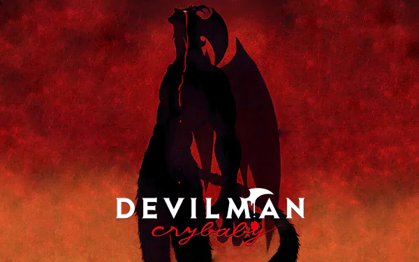 HD desktop wallpaper featuring Akira Fudo from the anime Devilman: Crybaby, with a dark, demonic silhouette against a fiery red background. Devilman crybaby text is prominently displayed at the bottom.