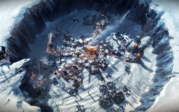 HD wallpaper depicting the snowy, dystopian cityscape from the game Frostpunk, encircled by icy cliffs.