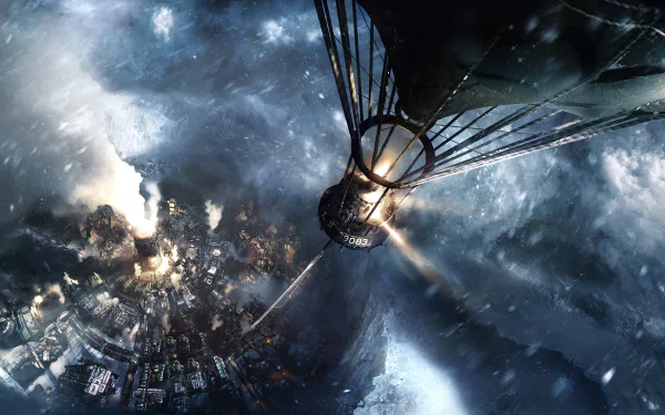 HD desktop wallpaper of Frostpunk showing a snowy cityscape with a towering generator glowing amidst the icy landscape.