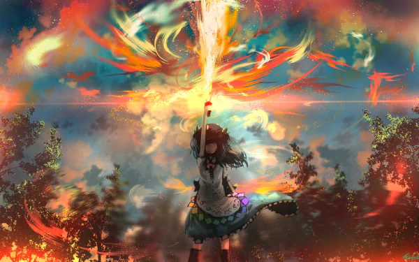 HD anime desktop wallpaper featuring Tenshi Hinanawi from Touhou, standing amidst a fiery, vibrant sky with dynamic, colorful flames and glowing effects.
