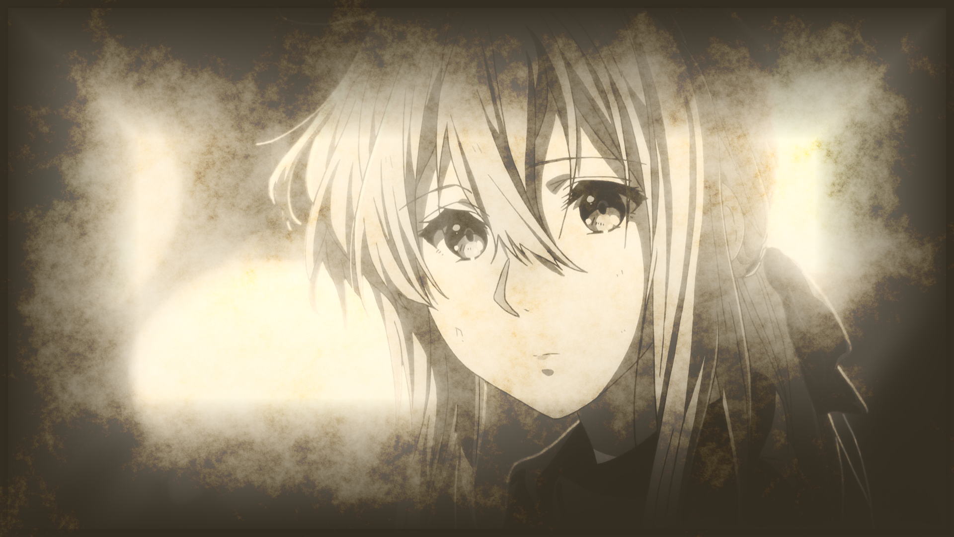HD PC desktop wallpaper featuring Violet Evergarden from the anime Violet Evergarden, depicted in a softly blurred, sepia-toned close-up.