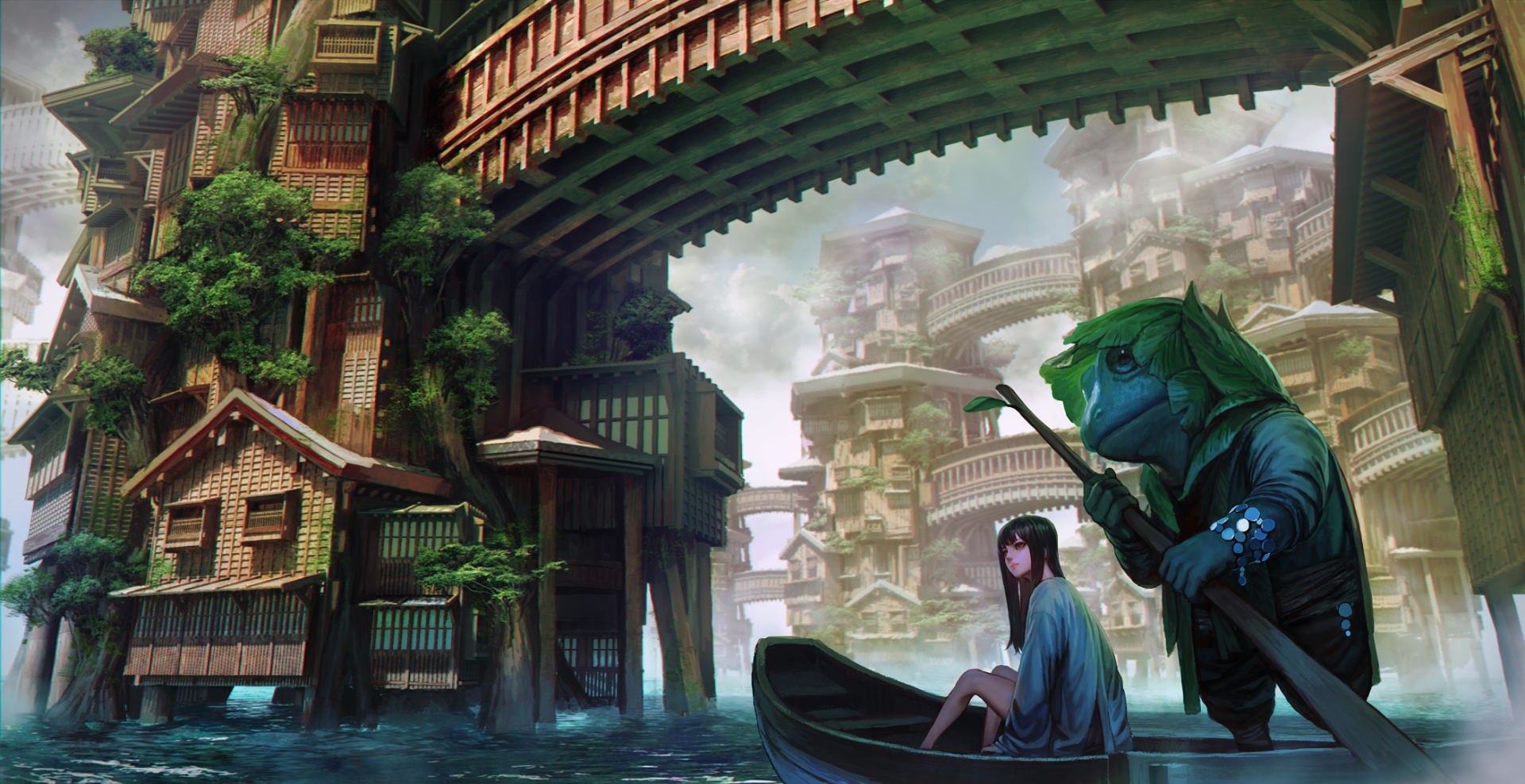 HD anime original desktop wallpaper depicting a girl and a humanoid frog in a boat beneath an intricate wooden bridge with lush buildings and misty cityscape in the background.